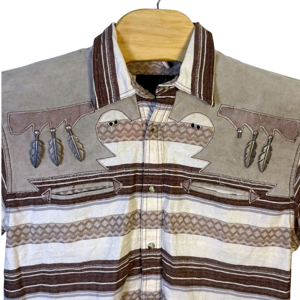 Vintage Johnny Hallyday Aztec Western Marble‎ Snap Button Shirt Feather Large